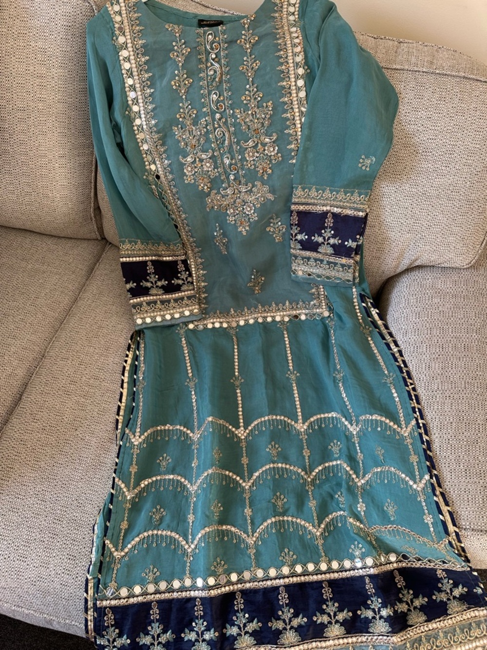 Teal Embroidered Pakistani Dress with Mirror Work